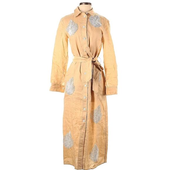 Zara 100% Linen White Beaded Leaf Tan Button Down Boho Collar Artsy Dress Small - Picture 3 of 12